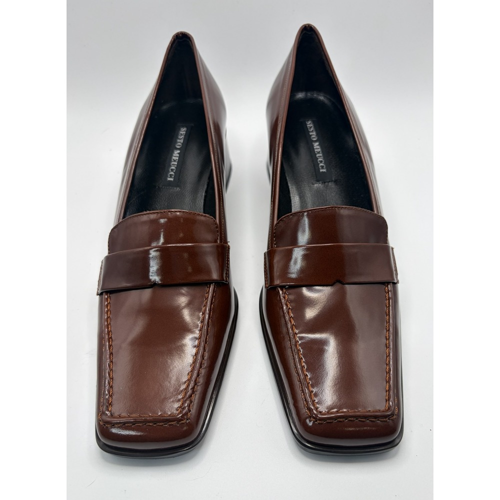 Sesto Meucci Sissy Tan Calf Leather Square Toe Block Heel Penny Loafers Size 8N